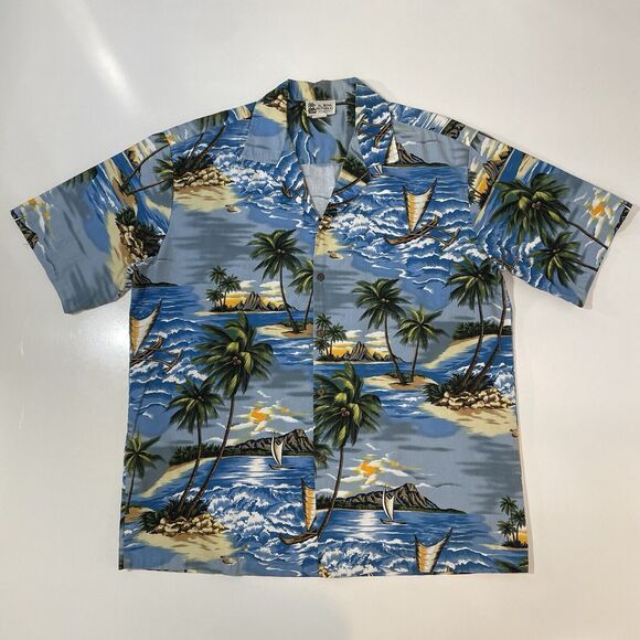 Aloha Republic Hawaiian Button Down Shirt Men's Size XL Palm Tree Beach Boat - Picture 1 of 6